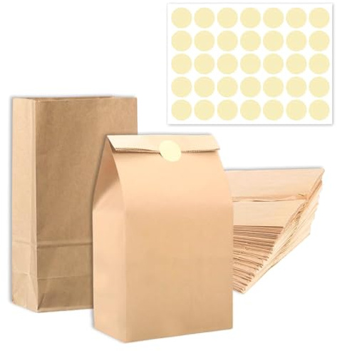 30 Stück Kraftpapier Tüten, Papiertüten Klein,(28x15x9cm), Geschenktüten aus Braunem Papier mit Aufklebern, Brottüten Papier für Kindergeburtstag, Hochzeit, Weihnachten, DIY Adventskalender