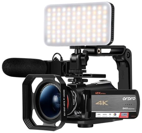 ORDRO Videokamera Camcorder 4K AC5 Kamera mit 12X optischem Zoom Vlog Kamera 1080P 60fps Videokamera für YouTube mit Mikrofon LED Licht Weitwinkelobjektiv Handheld Halter 2 Batterien