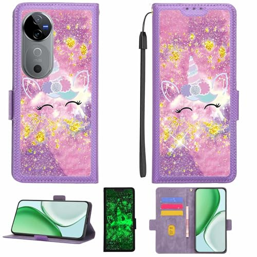 Kinetijy Coque Compatible pour Vivo V40 5G V2348 Coque Étui Housse Case Support [avec Film Protecteur HD d'une dureté de 9H] [Blocage RFID][Paillettes dorées + Brillantes] LPT-DJS