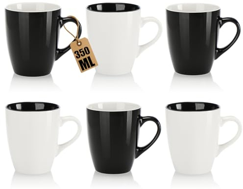 com-four® 6x Tazas de Café de Cerámica 350 ml, diseño moderno para bebidas frías o calientes, tazas con asa blanco negro