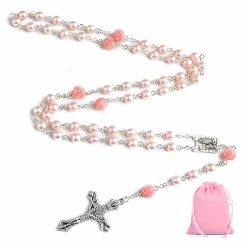Luxorium Kommunion Geschenk Mädchen Rosenkranz Kette mit Kreuz Erstkommunion Halskette aus Glasperlen mit Samtbeutel