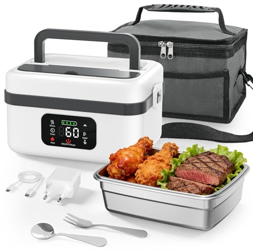 Jradse Gamelle chauffante,1L Lunch Box Chauffante avec Vaisselle en Acier Inoxydable, Intelligente électrique à Chauffage Rapide avec écran Tactile Sac Isotherme pour Voiture Bureau