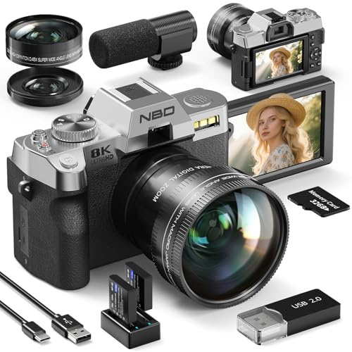 NBD 8K 64MP Digital Camera with Autofocus & 16X Zoom, Wi-Fi & App Control, Anti-Shake, 180° Flip Screen, Webcam Function, Includes Macro & Wide-Angle Lenses, 32GB TF Card & 2 Batteries (Silver)