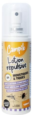 Répulsif corporel Moustiques et Tiques 100mL CAMPIK - Lotion Répulsive peau anti moustiques, moustiques tigres et tiques - Protection jusqu'à 8h contre moustiques et 12h contre les tiques - Dès 1 an