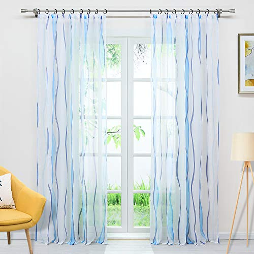 Delien Voile Gardine mit Streifen Design transparenter Vorhang mit Kräuselband Wohnzimmer Gardinenschals BxH 140x225cm Blau, 1 St.