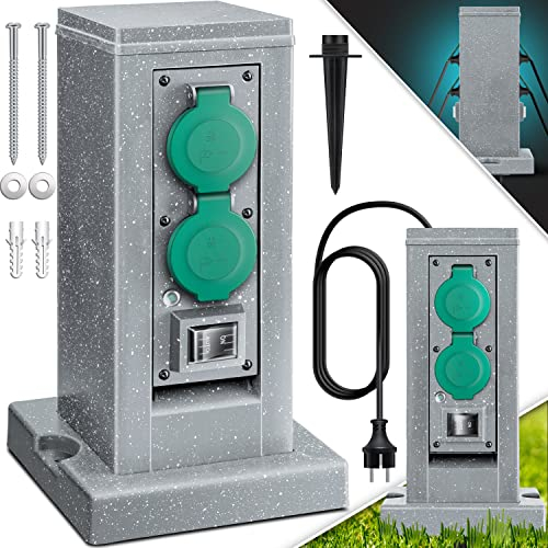 KESSER® Presa da giardino in pietra con 4 prese Incluso picchetto di terra, prese multiple all'esterno, Presa in pietra impermeabile con sensore ON/Auto, Grigio - Torre
