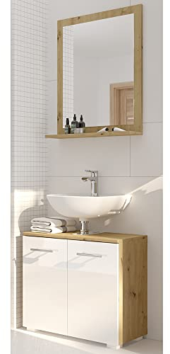 Lomadox Badezimmer Waschplatz Set, Gäste Bad WC, Hochglanz weiß mit Artisan Eiche, Waschbeckenunterschrank & Spiegel mit Ablage, B/H/T ca. 65/187/32 cm