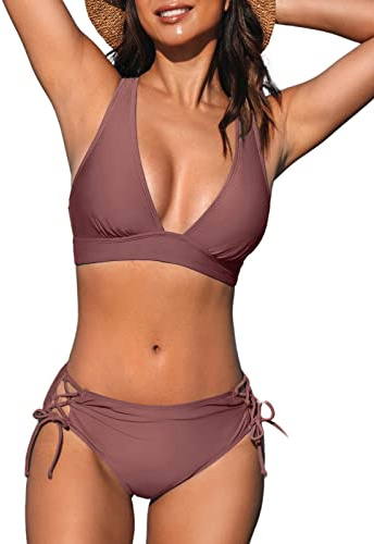 CUPSHE Bikini Damen Set V Ausschnitt Schnürung Rückenkreuz Low Waist | Schnürdesign, Gekreuzter Rücken, Niedriger Bund, Zweiteiliges Design, Für Strand und Pool