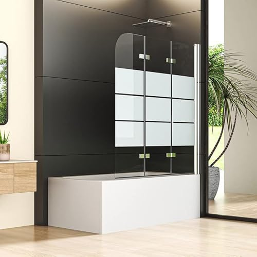Duschwand für Badewanne 130x140 cm 3-teilig Faltbar Duschtrennwand, Gestreift Glas Duschabtrennung Badewannenaufsatz mit einem eleganten Streifenmuster verziert, Duschwand aus 6mm Sicherheitsglas