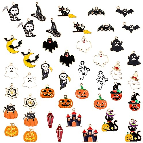 NQEUEPN 44pcs Halloween Pendant, DIY Charms Black Cat Bats Ghost Pumpkin Patterns Multi-Color Enamel Charms for Jewelry Making Necklace Earrings Keychain