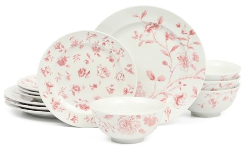 Martha Stewart Empress Bouquet 12-Piece Decorated Porcelain Chip and Scratch Resistant Dinnerware Plates and Bowls Set - Pink Floral