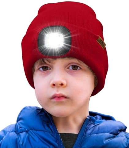 ATNKE Kids LED Beleuchtete Mütze mit Licht,Wiederaufladbare USB 4 LED Laufmütze Extrem Heller Lampe Winter Warme Stricken Mütze Großartig Geschenke für Jungen und Mädchen
