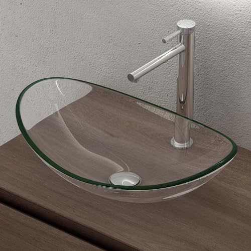 doporro Lavabo da Appoggio in Vetro Temperato Lavandino Bagno Ovale 53,5 x 35,5 x 16 cm Trasparente Lavello per Cucina WC Ospiti Design Moderno Minerva08