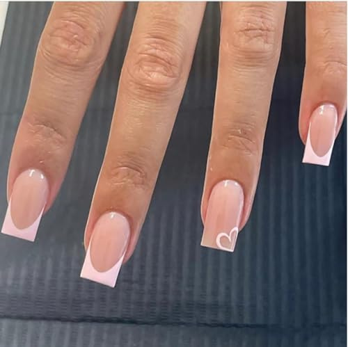 JUSTUSNX 24pcs Square French Fake Nails Nude Pink False Nails Mid Length Press on Nails for Women and Girls (A)