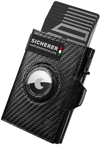 DODENSHA Italienisches Leder Airtag Wallet | Herren Geldbörse | Wallets for Men | RFID kartenetui | Smart Wallet | Slim Wallet mit Münzfach | Pop-up-Kartenetui aus Aluminium | 8-10 Karten | Carbon