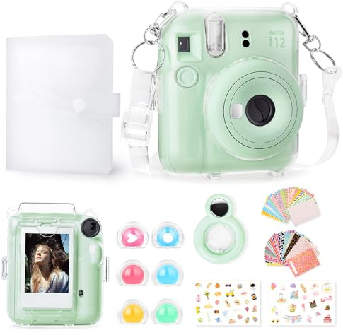 Rieibi Accessoires pour Fujifilm Instax Mini 12, ensemble cadeau comprenant un étui transparent Instax Mini 12 avec sangle, un mini album photo, un miroir à selfie, des autocollants de bricolage, un