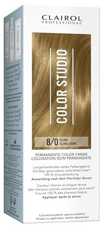 Clairol Professional Color Studio Permanente Haarfarbe Blond 8/0 (110 ml) – mit Metal-Purifier für 6 x weniger Haarbruch, 10 Wochen sattes Farbergebnis & 100 % Grauabdeckung – inkl. Haarkur