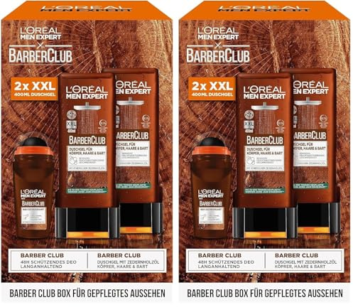 L'Oréal Men Expert Geschenk-Set für Männer mit XXL Duschgel und Deo Roll-On, Mit ätherischem Zedernholzöl, Herren Geschenkset, Barber Club Box, 2 x 400 ml, 1 x 50 ml (Packung mit 2)