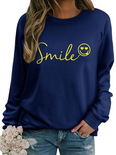Dresswel damer sweatshirt leende brev tryck tröja roligt leende rund hals långärmad tröja bomull tröja höst vinter casual toppar långärmade toppar, 1-mörkblå, S