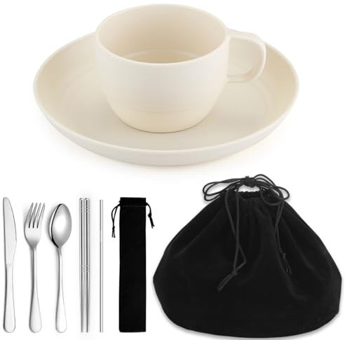 Camping Essentials set, Homquen Assiettes et bols de Camping Set, tasse à café, ensemble de vaisselle de voyage avec cuillère, fourchette, couteau de travail, extérieur, pique - nique, camping（Blanc）