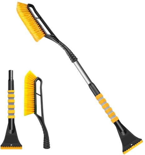 Grattoir Voiture Givre 2 en 1, Raclette Antigivre avec Balai de Telescopique et Poignée Antidérapant, Degivreure Vitre pour Pare Brise de Hiver, Pelle à Glace et Neige Détachable SUV Camions (Jaune)