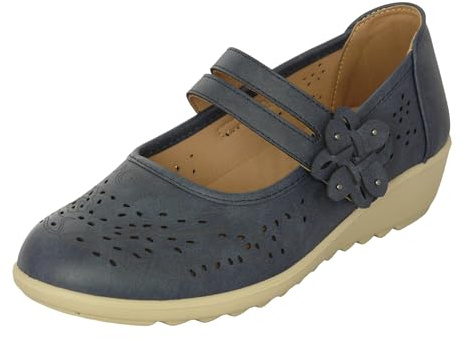 Cushion Walk EEE Extra-Wide Fit Women's Ladies Lightweight Faux Leather Mary Jane Low Wedge Bar Shoes (6 UK EEE, Navy)