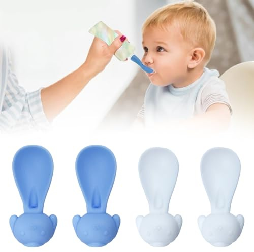 SIVZUMO Quetschies Löffel, 4 Pack Silikon Baby Quetschie Babylöffel Squeeze Feeder Löffelaufsatz für Quetschbeutel, Quetschie Löffel, 4 Farben