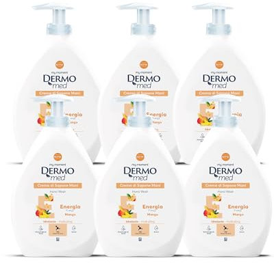 Dermomed Sapone Mani Liquido Energia al Mango con Acido Ialuronico e Glicerina, Idratante, Energizzante e pH Neutro, Profumo Esotico e Tropicale, Dermatologicamente Testato, 600 ml x 6