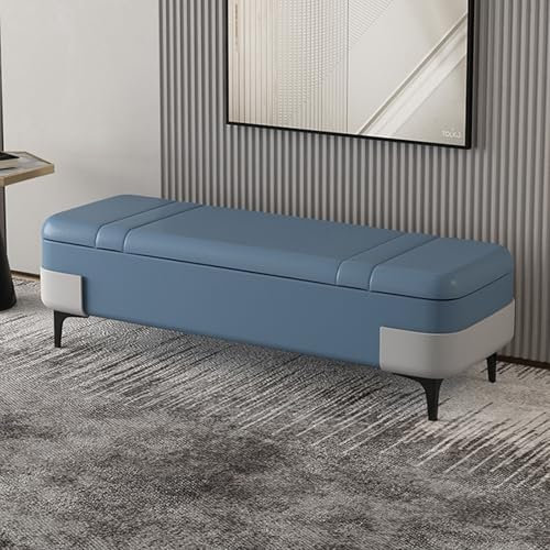 Ottoman-Bank für den Eingangsbereich, mit Stauraum, PU-Leder, gepolstert, für Wohnzimmer, Schlafzimmer, Bettbank, mit großem Stauraum (40 cm), Blau