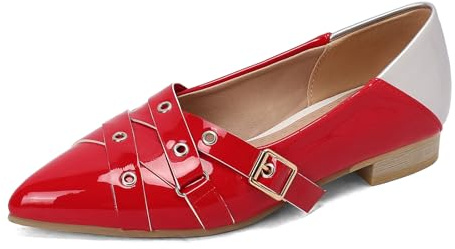 Diuniarza Women Pointed Toe Flats Work Slip On Shoes Loafers Comfort Dolly Shoes Office Dress Shoes Buckle Party Red Size 9.5 UK/46