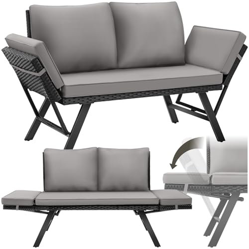 tectake® Rattan Loungesofa und Sonnenliege, Gartenmöbel, Lounge Möbel Outdoor, Sitzbank Schlaffunktion, Couch klappbarer Armlehne, Balkonmöbel, Gartenbank, Sofa, Balkon Möbel - hellgrau/schwarz