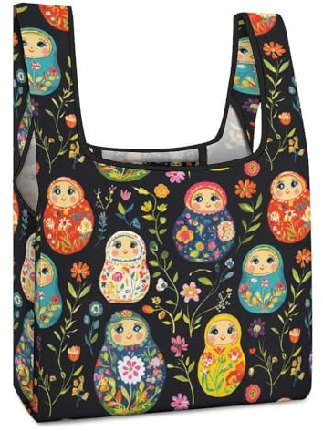 Russian Nesting Dolls Flowers Foldable Shopping Bags Reusable Grocery Bag Collapsible Portable Tote for Men Women