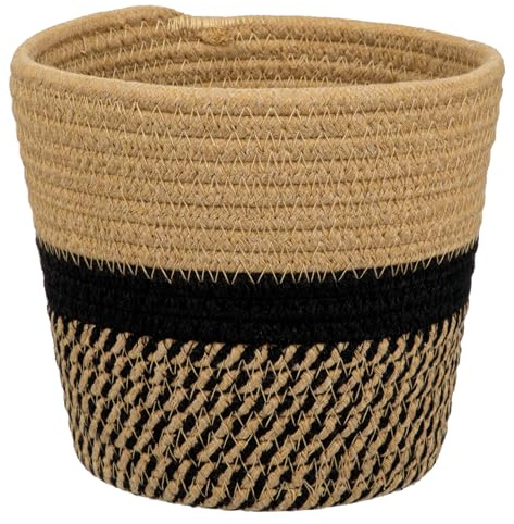 Briful Maceta tejida de cuerda de algodón de 15 x 15 cm, maceta de interior de algodón negro y marrón, cesta de almacenamiento decorativa para plantas, juguetes, manualidades, decoración rústica del