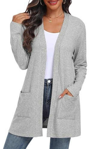QIXING Chaqueta de punto para mujer abierta | Cárdigan elegante de manga larga ligera con bolsillos para otoño e invierno | Cómoda, transpirable y cálida, gris claro, XL