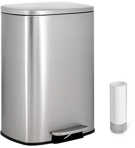 VIDACHARMY - Poubelle de Recyclage 50 L, Poubelle en Acier Inoxydable Anti-traces de Doigts avec Couvercle à Fermeture Douce et Pédale, Poubelle de Cuisine, Comprend 20 Sacs Poubelles, Grande Capacité