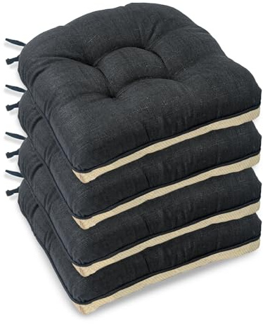 Casabella Chair pads - Dining Chairs Cushion - 4 Pc Cushions 45x45+8cm Non Slip Backing Chairpads - Tufted Seat pads With Ties - Durable & Soft Cushions for Kitchen, Garden - Black