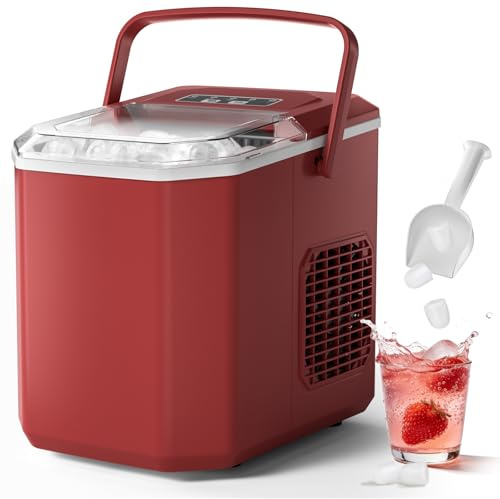 Compact Ice Cube Maker, Red Portable Ice Maker Countertop, Dual-Size(Large/Small) Ice Machine with Self Cleaning, Ice Scoop&Basket, 1.5 Water Tank, 9 Cubes in 6 Mins, 12Kg/24h, for Home/Kitchen/Office