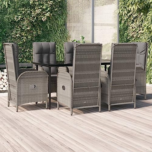 QJBSAVVA 7-TLG. Garten-Essgruppe Schwarz/Grau 160×80 cm Tisch + 6 verstellbare Rattan-Sessel mit Kissen