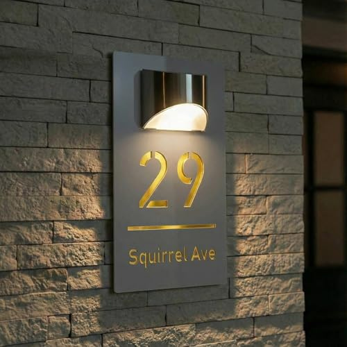 Plaque Numéro de Maison Extérieure Personnalisée Imperméable - Acrylique LED Solaire, 6 Polices - Pour Porte/Mur (4 Tailles au Choix : 15x25cm, 15x29cm, 18x32cm, 22x35cm)(Gris-Doré)
