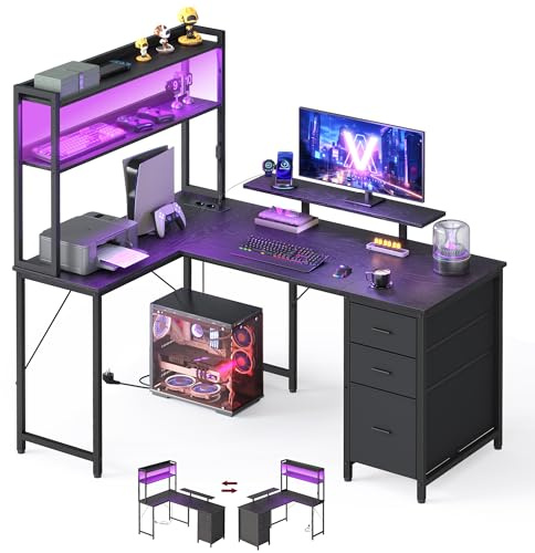 VASAGLE L-Form Schreibtisch, Eckschreibtisch mit Steckdosen und LED-Beleuchtung, Computertisch mit 3 Schubladen und Monitorständer, 140 x 100 x 150 cm, Schwarz, LWD162B101 | 3 Schubladen, Monitorständer, 140 x 100 x 150 cm, Ebenholzschwarz und Mattschwarz, BARNET Kollektion LWD162B101