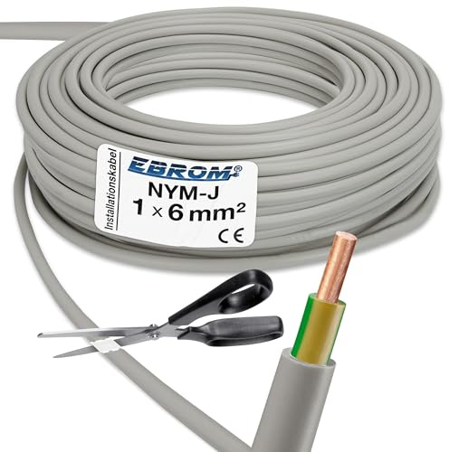 EBROM NYM-J 1x6 mm² Mantelleitung, Erdungskabel in grau 6 mm2: 28 Meter | Ab 5 m bis 100 m - Erdungsleitung Installationsleitung Feuchtraumkabel für die feste Verlegung in trockenen + feuchten Räumen