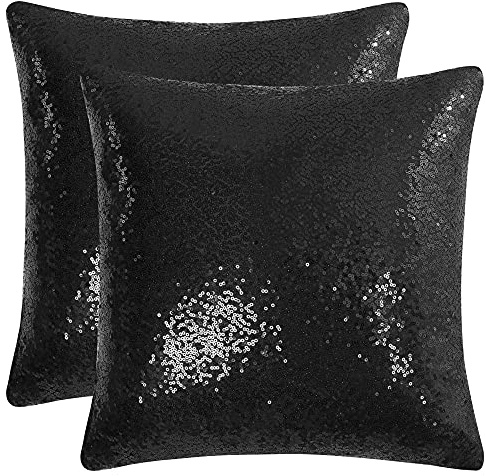 sourcing map Juego de 2 fundas de almohada de lentejuelas, brillantes y cómodos, fundas de cojín de satén, fundas de almohada decorativas para fiestas, Navidad, 40.6x40.6 cm, color negro