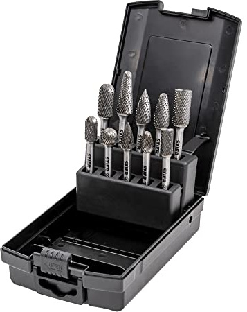 STIER Frässtifte-Set 10-teilig, 6 mm Schaftdurchmesser, Fräsformen: Zylinder Stirnverzahnung Walzenrundform Oval Tropfen Spitzbogen, hohe Schnittgeschwindigkeit 840 m/min
