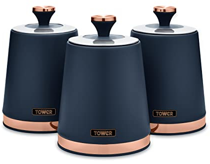 Tower T826131MNB Cavaletto - Juego de 3 botes de almacenamiento para té, café, azúcar, acero, azul medianoche y oro rosa