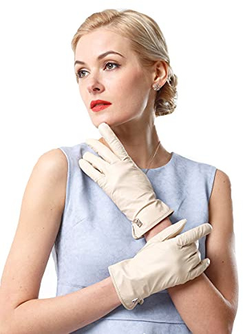 NappaNovum Women's Italian Leather Gloves Lambskin Winter Comfort Gloves (Touchscreen or Non-Touchscreen) (L, Beige)