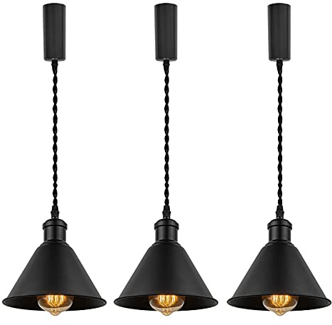 KAYYELAMP Set of Three Adjusted Wire Length H-Type Track Hanging Light 3.9 Ft Twisted Cord E26 Base Industrial Design Black Metal Pendant Light Fixture for Loft Aisle Bar(No Bulb & Track)