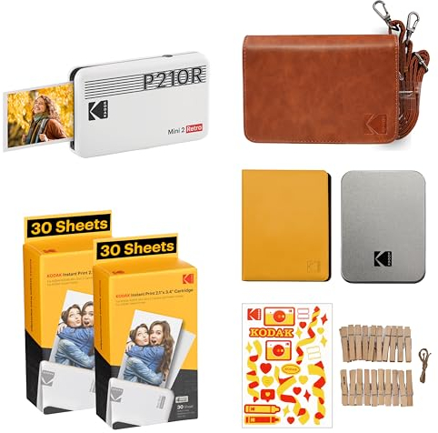 KODAK Mini 2 Retro 4PASS Stampante Fotografica Portatile (5,3x8,6cm) + Pacchetto accessori e 68 Fogli, Bianco