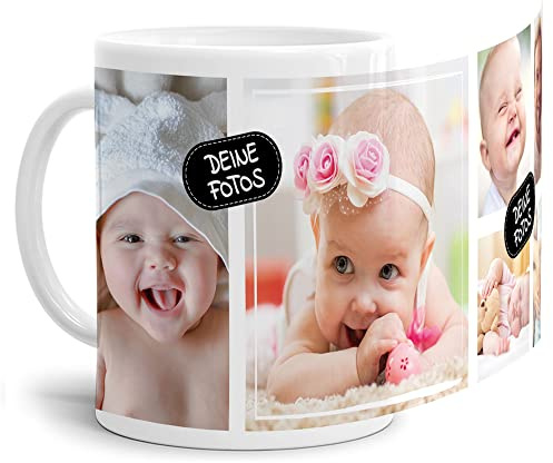 Foto-Tasse zum selbst gestalten mit Foto-Collage für 6 Wunschfotos - Geschenk für Familie, Freunde, Geburtstag, Weihnachten - Keramik Weiß, 300 ml I Personalisiert