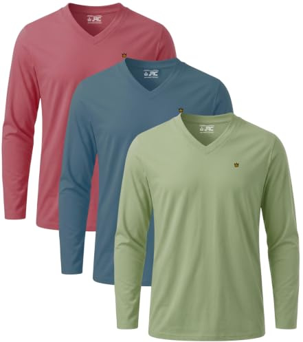 JRC Just Royal Clothing Pack of 3 Mens Long Sleeve V-Neck T-Shirts, Casual Vee Neck Tops (Sage, Stone Blue, Mouve, L)