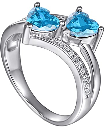 Whoiy Sterling Silber Freundschafts Ring mit Herz Zirkonia, Ringe Zur Silberhochzeit Schmuck Geschenk für Jahrestag Zeitloses Design Hellblau Gr.57 (18.1)